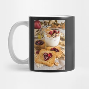 autumnal food background with milk, cereal, rusks and wildberries jam, cornflakes Mug
